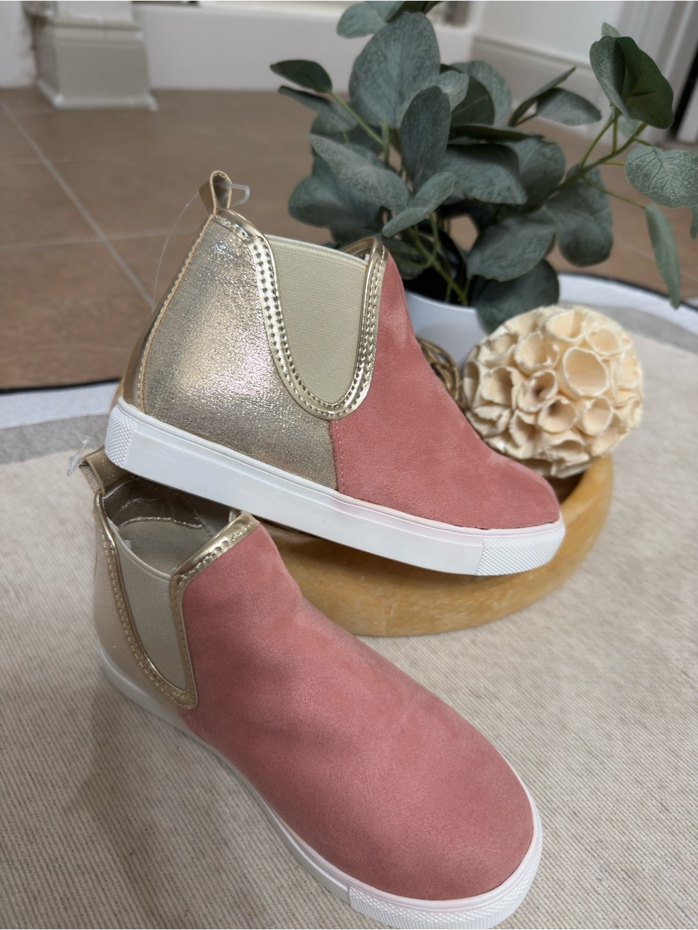 Pink Suede & Gold Slip-On High Top Sneakers